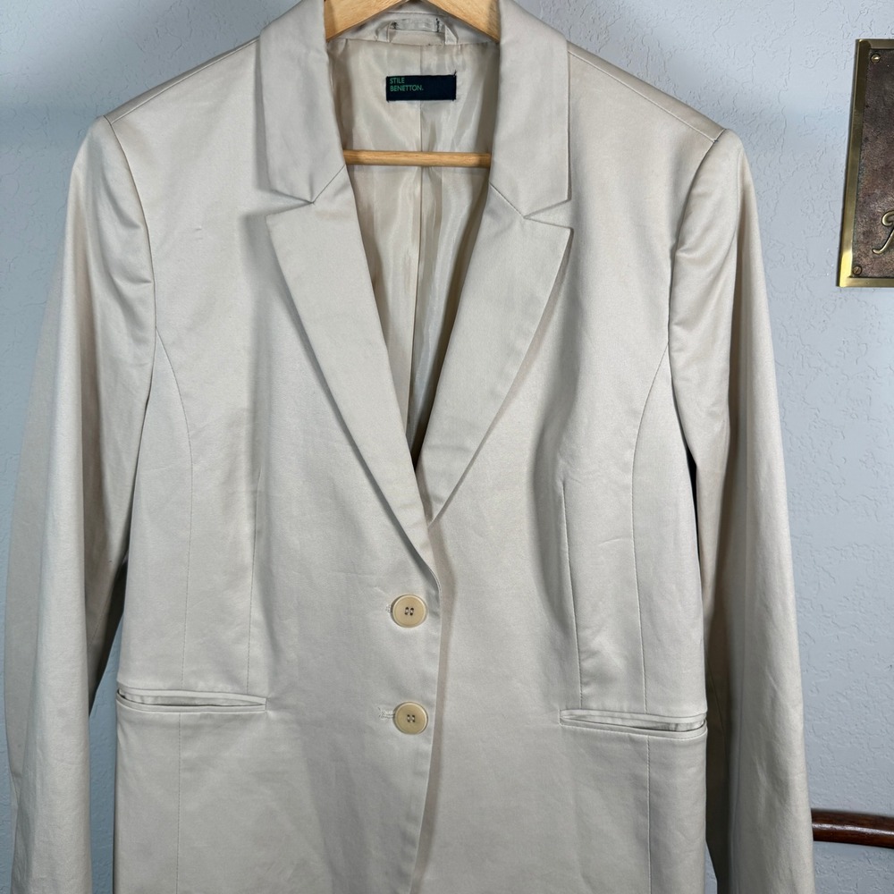 Stile Benetton Womens Beige Cotton Blend Two Button Tailored Blazer Jacket Sz 10 - Picture 3 of 10